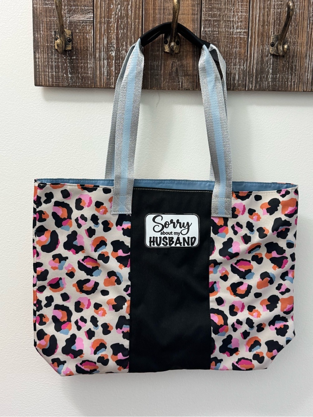 Marleylilly tote bag leopard pattern and a "Sorry about my HUSBAND" patch